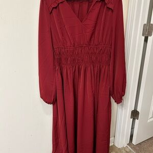 Brick Red Smocked Waist Midi Dress Long Sleeve Size M